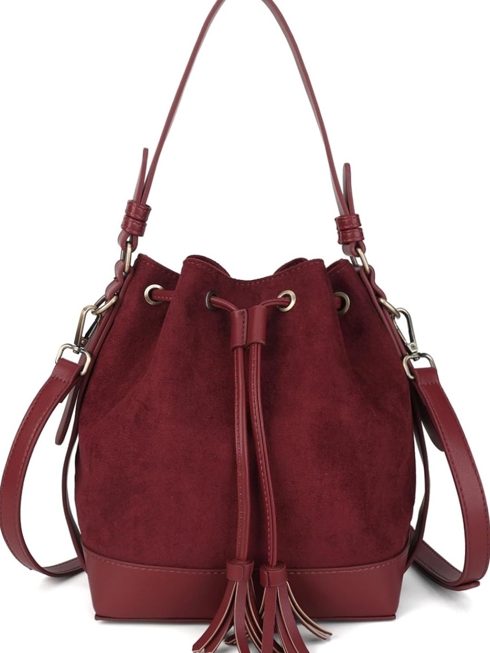 Womens Burgundy Suede Drawstring Bucket Bag